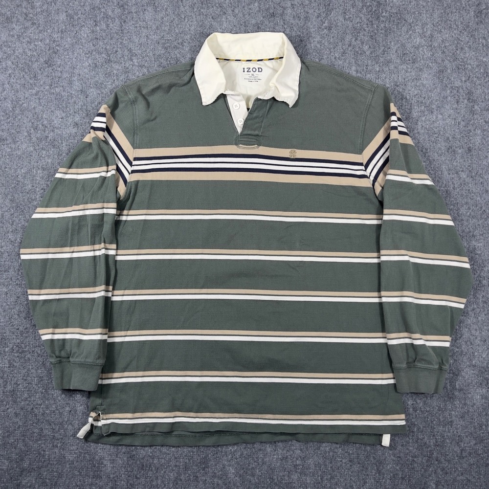 IZOD Rugby Polo Shirt Mens XL Green Striped Long Sleeve Cotton